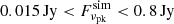$ 0.015 \,\mathrm{Jy} < F_\mathrm{\nu_{pk}}^{\mathrm{sim}} < 0.8\, \mathrm{Jy} $