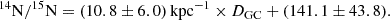 $$ \begin{aligned} ^{14}\mathrm{N}/^{15}\mathrm{N} = (10.8 \pm 6.0)\, \mathrm{kpc}^{-1} \times D_{\mathrm{GC}} + (141.1 \pm 43.8) .\end{aligned} $$