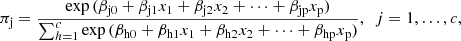 $$ \begin{aligned} \pi _{\rm j}= \frac{\exp {(\beta _{\rm j0}+\beta _{\rm j1}x_{\rm 1}+\beta _{\rm j2}x_{\rm 2}+\cdots +\beta _{\rm jp}x_{\rm p})}}{\sum _{h=1}^{c} \exp {(\beta _{\rm h0}+\beta _{\rm h1}x_{\rm 1}+\beta _{\rm h2}x_{\rm 2}+\cdots +\beta _{\rm hp}x_{\rm p})}}, \ \ j = 1,\ldots ,c ,\end{aligned} $$