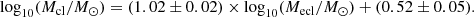 $$ \begin{aligned} {\log }_{10} (M_{\mathrm{cl} }/M_{\odot }) = (1.02 \pm 0.02) \times {\log }_{10} (M_{\mathrm{ecl} }/M_{\odot }) + (0.52 \pm 0.05). \end{aligned} $$