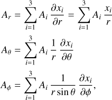 $\eqalign{ & {A_r} = \sum\limits_{i = 1}^3 {{A_i}} {{\partial {x_i}} \over {\partial r}} = \sum\limits_{i = 1}^3 {{A_i}} {{{x_i}} \over r} \cr & {A_\theta } = \sum\limits_{i = 1}^3 {{A_i}} {1 \over r}{{\partial {x_i}} \over {\partial \theta }} \cr & {A_\phi } = \sum\limits_{i = 1}^3 {{A_i}} {1 \over {r\sin \theta }}{{\partial {x_i}} \over {\partial \phi }}, \cr} $