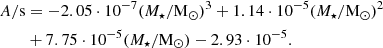 $$ \begin{aligned} A/\mathrm{s}&= -2.05 \cdot 10^{-7}(M_\star /\mathrm{M}_\odot )^3 + 1.14\cdot 10^{-5}(M_\star /\mathrm{M}_\odot )^2 \\ &+ 7.75\cdot 10^{-5}(M_\star /\mathrm{M}_\odot ) - 2.93 \cdot 10^{-5}. \end{aligned} $$