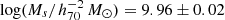 $ \log(M_s/h_{70}^{-2}\,M_{{\odot}}) = 9.96\pm0.02 $