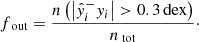 $$ \begin{aligned} f_\text{ out} = \frac{n\left(\left|\hat{y}_i^ - y_i\right| > 0.3 \mathrm{\,dex}\right)}{n_\text{ tot}}\cdot \end{aligned} $$