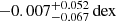 $ -0.007^{+0.052}_{-0.067}\mathrm{\,dex} $