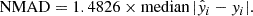 $$ \begin{aligned} \mathrm{NMAD} = 1.4826 \times \mathrm{median}\,|\hat{y}_i - y_i| . \end{aligned} $$