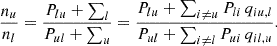 $$ \begin{aligned} \frac{n_u}{n_l} = \frac{P_{lu} + \sum _l}{P_{ul} + \sum _u} = \frac{P_{lu} + \sum _{i \ne u} P_{li} \, q_{iu,l}}{P_{ul} + \sum _{i \ne l} P_{ui} \, q_{il,u}}. \end{aligned} $$