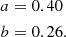 $$ \begin{aligned} a&=0.40\nonumber \\ b&=0.26. \nonumber \end{aligned} $$