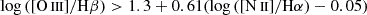 $ \log\left(\mathrm{[O\,\textsc{iii}]}/{\mathrm{H{\beta}}}\right) > 1.3 + 0.61 (\log\left({\mathrm{[N\,\textsc{ii}]}}/{\mathrm{H{\alpha}}}\right) -0.05) $