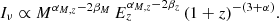 $$ \begin{aligned} I_{\nu } \propto M^{\alpha _{M,z} - 2 \beta _M} \, E_z^{\alpha _{M,z} -2\beta _z} \, (1+z)^{-(3+\alpha )}. \end{aligned} $$