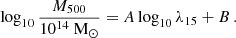 $$ \begin{aligned} \log _{10}\frac{M_{500}}{10^{14}~\mathrm{M_\odot }}=A\log _{10}\lambda _{15}+B \, . \end{aligned} $$