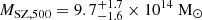 $ M_{\mathrm{SZ,500}}=9.7^{+1.7}_{-1.6}\times10^{14}~{\mathrm{M}_\odot} $