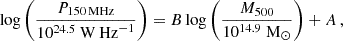 $$ \begin{aligned} \log \left( \frac{P_{\rm 150\,MHz}}{10^{24.5}~\mathrm{W\,Hz}^{-1}} \right) = B \log \left(\frac{M_{500}}{10^{14.9}~\mathrm{M}_\odot } \right) + A \, , \end{aligned} $$