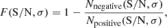 $$ \begin{aligned} F(\mathrm{S/N}, \sigma ) = 1 - \frac{N_{\mathrm{negative}}(\mathrm{S/N}, \sigma )}{N_{\mathrm{positive}}(\mathrm{S/N}, \sigma )}, \end{aligned} $$