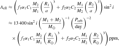 $$ \begin{aligned} A_{\rm ell}&\approx \left( f_1 \alpha _{\rm 1} C_{1} \frac{M_2}{M_1} \left(\frac{R_1}{a}\right)^3 + f_2 \alpha _{\rm 2} C_{2} \frac{M_1}{M_2} \left(\frac{R_2}{a}\right)^3 \right) \sin ^2 i \nonumber \\&\approx 13\,400 \sin ^2 i \left(\frac{M_1 + M_2}{M_\odot }\right)^{-1} \left(\frac{P_{\rm orb}}{\mathrm{day}}\right)^{-2} \nonumber \\&\quad \times \left(f_1 \alpha _{\rm 1} C_{1} \frac{M_2}{M_1}\left(\frac{R_1}{R_\odot }\right)^3 + f_2 \alpha _{\rm 2} C_{2} \frac{M_1}{M_2} \left(\frac{R_2}{R_\odot }\right)^3 \right) \mathrm{ppm}, \end{aligned} $$