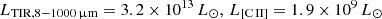$ L_\mathrm{{TIR},8{-}1000\,{\upmu}\rm{m}}=3.2\times10^{13}\, L_\odot,\, L_{[{\mathrm{C}\,\textsc{II}}]}=1.9\times10^9\, L_\odot $