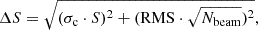 $$ \begin{aligned} \Delta S = \sqrt{(\sigma _{\rm c} \cdot S)^{2} + (\mathrm{RMS} \cdot \sqrt{N_{\rm beam}})^{2}}, \end{aligned} $$