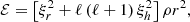 $$ \begin{aligned} \mathcal{E} = \left[\xi _r^2+\ell \left(\ell +1\right)\xi _h^2\right] \rho r^2, \end{aligned} $$