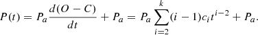 $$ \begin{aligned} P(t) = P_a \frac{d(O - C)}{dt} + P_a = P_a \sum _{i=2}^{k} (i - 1) c_i t^{i - 2} + P_a. \end{aligned} $$