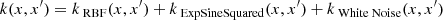 $$ \begin{aligned} k(x, x^{\prime }) = k_{\text{ RBF}}(x, x^{\prime }) + k_{\text{ ExpSineSquared}}(x, x^{\prime }) + k_{\text{ White} \text{ Noise}}(x, x^{\prime }) \end{aligned} $$