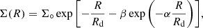 $$ \begin{aligned} \Sigma (R) = \Sigma _{\circ } \exp {\left[ -\frac{R}{R_{\rm d}} -\beta \exp \left(-\alpha \frac{R}{R_{\rm d}}\right) \right]}, \end{aligned} $$
