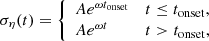 $$ \begin{aligned} \sigma _\eta (t) = {\left\{ \begin{array}{ll} A e^{\omega t_{\rm onset}}&t\le t_{\rm onset}, \\ A e^{\omega t}&t > t_{\rm onset}, \end{array}\right.} \end{aligned} $$