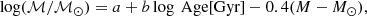 $$ \begin{aligned} \log (\mathcal{M} /\mathcal{M} _\odot ) = a + b \log \text{ Age}\text{[Gyr]} - 0.4 (M - M_\odot ), \end{aligned} $$
