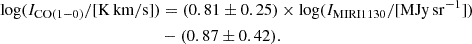 $$ \begin{aligned} \log (I_{\rm CO(1-0)}/[\mathrm{K \, km/s}])&= (0.81 \pm 0.25)\times \log (I_{\rm MIRI1130} /[\mathrm{MJy \, sr^{-1}}])\nonumber \\&- (0.87 \pm 0.42). \end{aligned} $$