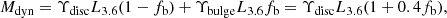 $$ \begin{aligned} M_{\rm dyn} = {\Upsilon _{\rm disc}} L_{3.6}(1-f_{\rm b}) + {\Upsilon _{\rm bulge}} L_{3.6}f_{\rm b} = {\Upsilon _{\rm disc}} L_{3.6}(1+0.4f_{\rm b}) ,\end{aligned} $$