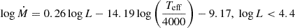 $ \log{\dot{M}} = 0.26 \log{L}-14.19\log{\left(\frac{T_{\mathrm{eff}}}{4000}\right)} - 9.17, \ \log{L} < 4.4 $