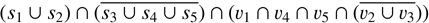 $\[\left(s_{1} \cup s_{2}\right) \cap\left(\overline{s_{3} \cup s_{4} \cup s_{5}}\right) \cap\left(v_{1} \cap v_{4} \cap v_{5} \cap\left(\overline{v_{2} \cup v_{3}}\right)\right)\]$