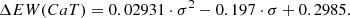 $$ \begin{aligned} \Delta EW(CaT) = 0.02931 \cdot \sigma ^2 - 0.197\cdot \sigma + 0.2985. \end{aligned} $$