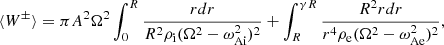$$ \begin{aligned} \langle W^\pm \rangle&= \pi A^2\Omega ^2 \int _0^R \frac{rdr}{R^2\rho _{\rm i}(\Omega ^2-\omega _{\rm Ai}^2)^2} + \int _R^{\gamma R} \frac{R^2rdr}{r^4\rho _{\rm e}(\Omega ^2-\omega _{\rm Ae}^2)^2},\end{aligned} $$