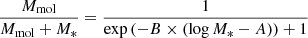 $$ \begin{aligned} \frac{{M_{\rm mol}}}{{M_{\rm mol}+M_*}}=\frac{1}{{\exp {(-B\times (\log M_*-A))}+1}} \end{aligned} $$