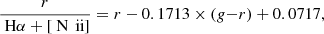 $$ \begin{aligned} {\frac{r}{\text{ H}\alpha +[{\text{ N}}\,\text{ ii}]} = r - 0.1713 \times (g{-}r) + 0.0717}, \end{aligned} $$
