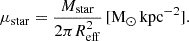 $$ \begin{aligned} {\mu _{\rm star} = \frac{M_{\rm star}}{2 \pi R_{\rm eff}^2} \, \mathrm {[M_{\odot }\,kpc^{-2}]}}. \end{aligned} $$