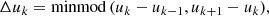 $$ \begin{aligned} \Delta u_{k} = \mathrm{minmod}\, (u_k - u_{k-1}, u_{k+1} - u_k), \end{aligned} $$