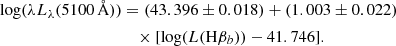 $$ \begin{aligned} \log (\lambda L_\lambda (5100\,{\AA }) )&= (43.396\pm 0.018) + (1.003\pm 0.022) \nonumber \\&\quad \times [\log (L(\mathrm {H}\beta _b)) - 41.746] . \end{aligned} $$