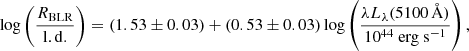 $$ \begin{aligned} \log \left( \frac{R_{\rm {BLR}}}{\mathrm{l.d.} } \right) = (1.53 \pm 0.03) + (0.53 \pm 0.03) \log \left( \frac{\lambda L_{\lambda }(5100\,{\AA })}{10^{44}~\mathrm {erg\ s}^{-1} } \right) , \end{aligned} $$