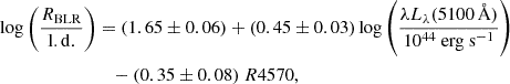 $$ \begin{aligned} \log \left( \frac{R_{\rm {BLR}}}{\mathrm{l.d.} } \right)&= (1.65 \pm 0.06) + (0.45 \pm 0.03) \log \left( \frac{\lambda L_{\lambda }(5100\,{\AA })}{10^{44}~\mathrm {erg\ s}^{-1} } \right) \nonumber \\&\quad - (0.35 \pm 0.08)~R4570 , \end{aligned} $$