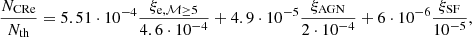 $$ \begin{aligned} \frac{N_{\rm CRe}}{N_{\rm th}} = 5.51 \cdot 10^{-4} \frac{\xi _{\mathrm{e}, \mathcal{M} \ge 5}}{4.6\cdot 10^{-4}}+4.9 \cdot 10^{-5}\frac{\xi _{\rm AGN}}{2 \cdot 10^{-4}}+6 \cdot 10^{-6}\frac{\xi _{\rm SF}}{10^{-5}}, \end{aligned} $$