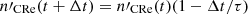$ n\prime_{\mathrm{CRe}}(t+\Delta t) = n\prime_{\mathrm{CRe}}(t) (1-\Delta t/\tau) $