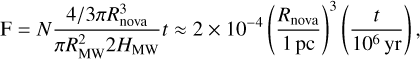 ${\rm{F}} = N{{4/3\pi R_{{\rm{nova}}}^3} \over {\pi R_{{\rm{MW}}}^22{H_{{\rm{MW}}}}}}t \approx 2 \times {10^{ - 4}}{\left( {{{{R_{{\rm{nova}}}}} \over {1{\rm{pc}}}}} \right)^3}\left( {{t \over {{{10}^6}{\rm{yr}}}}} \right),$