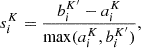 $$ \begin{aligned} s^{K}_{i} = \frac{b^{K^\prime }_i - a^{K}_{i}}{\max (a^{K}_{i}, b^{K^\prime }_{i})}, \end{aligned} $$