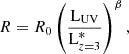 $$ \begin{aligned} {R} = {R}_0 \left( \frac{\text{L}_{\text{UV}}}{\text{L}^*_{z=3}}\right)^{\beta } ,\end{aligned} $$