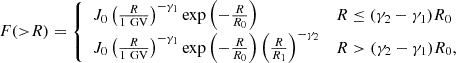 $$ \begin{aligned} F({>}R) = {\left\{ \begin{array}{ll} J_0 \left(\frac{R}{1~\mathrm{GV} }\right)^{-\gamma _1} \exp {\left(-\frac{R}{R_0}\right)}&R \le (\gamma _2 - \gamma _1)R_0\\ J_0 \left(\frac{R}{1~\mathrm{GV} }\right)^{-\gamma _1} \exp {\left(-\frac{R}{R_0}\right)} \left(\frac{R}{R_1}\right)^{-\gamma _2}&R > (\gamma _2 - \gamma _1)R_0, \end{array}\right.} \end{aligned} $$