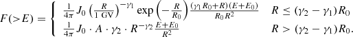 $$ \begin{aligned} F({>}E) = {\left\{ \begin{array}{ll} \frac{1}{4\pi } J_0 \left(\frac{R}{1~\mathrm{GV} }\right)^{-\gamma _1} \exp {\left(-\frac{R}{R_0}\right)} \frac{(\gamma _1R_0+R)(E+E_0)}{R_0 R^2}&R \le (\gamma _2 - \gamma _1)R_0\\ \frac{1}{4\pi } J_0 \cdot A \cdot \gamma _2 \cdot R^{-\gamma _2} \frac{E+E_0}{R^2}&R > (\gamma _2 - \gamma _1)R_0. \end{array}\right.} \end{aligned} $$