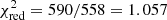 $ \chi^{2}_{\mathrm{red}} = 590/558 = 1.057 $