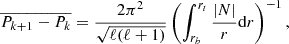 $$ \begin{aligned} \overline{P_{k+1} - P_{k}} = \frac{2\pi ^2}{\sqrt{\ell (\ell +1)}}\left(\int ^{r_t}_{r_b} \frac{|N|}{r}\mathrm{d}r\right)^{-1}, \end{aligned} $$