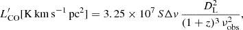 $$ L^{\prime }_{\rm CO} [{\rm K\,km\,s^{-1}\,pc^2}] = 3.25\times 10^7\,S\Delta {v}\,\frac {D_{\rm L}^2}{(1+z)^3\,\nu _{\rm obs}^2}, $$